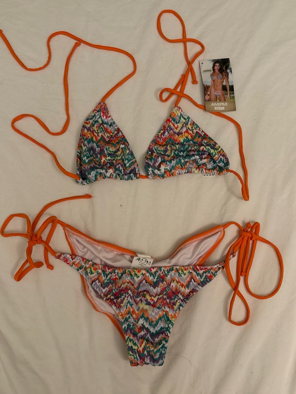 AMPM Multicolor Zigzag Bikini with Bright Orange Trim